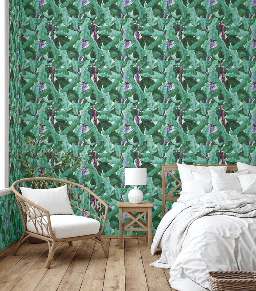 GW2101 Painted Banana Leaves Peel and Stick Wallpaper Roll 19 inch Wide x 18 ft. Long Green Purple