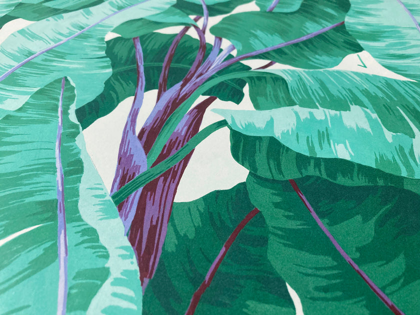 GW2101 Painted Banana Leaves Peel and Stick Wallpaper Roll 19 inch Wide x 18 ft. Long Green Purple
