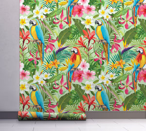 GW2111 Parrot Jungle Leaves Peel and Stick Wallpaper Roll 19 inch Wide x 18 ft. Long Green Pink Multicolor