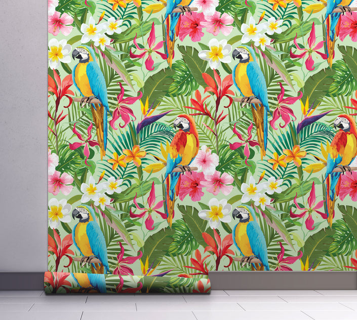 GW2111 Parrot Jungle Leaves Peel and Stick Wallpaper Roll 19 inch Wide x 18 ft. Long Green Pink Multicolor