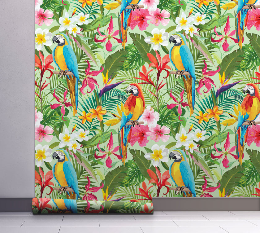 GW2111 Parrot Jungle Leaves Peel and Stick Wallpaper Roll 19 inch Wide x 18 ft. Long Green Pink Multicolor