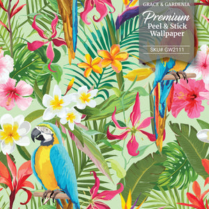 GW2111 Parrot Jungle Leaves Peel and Stick Wallpaper Roll 20.5 inch Wide x 18 ft. Long, Multicolor