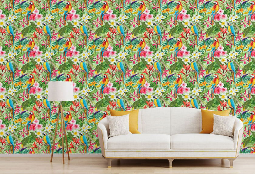 GW2111 Parrot Jungle Leaves Peel and Stick Wallpaper Roll 19 inch Wide x 18 ft. Long Green Pink Multicolor