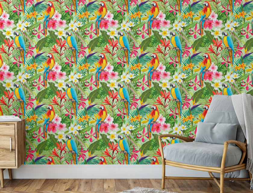GW2111 Parrot Jungle Leaves Peel and Stick Wallpaper Roll 19 inch Wide x 18 ft. Long Green Pink Multicolor