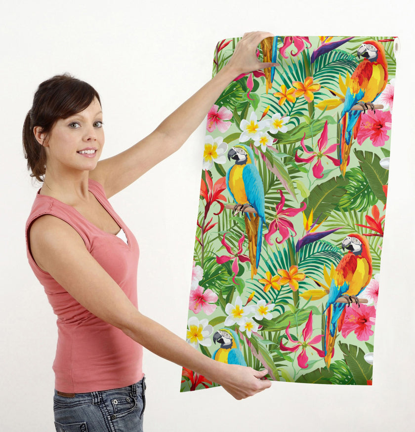 GW2111 Parrot Jungle Leaves Peel and Stick Wallpaper Roll 19 inch Wide x 18 ft. Long Green Pink Multicolor