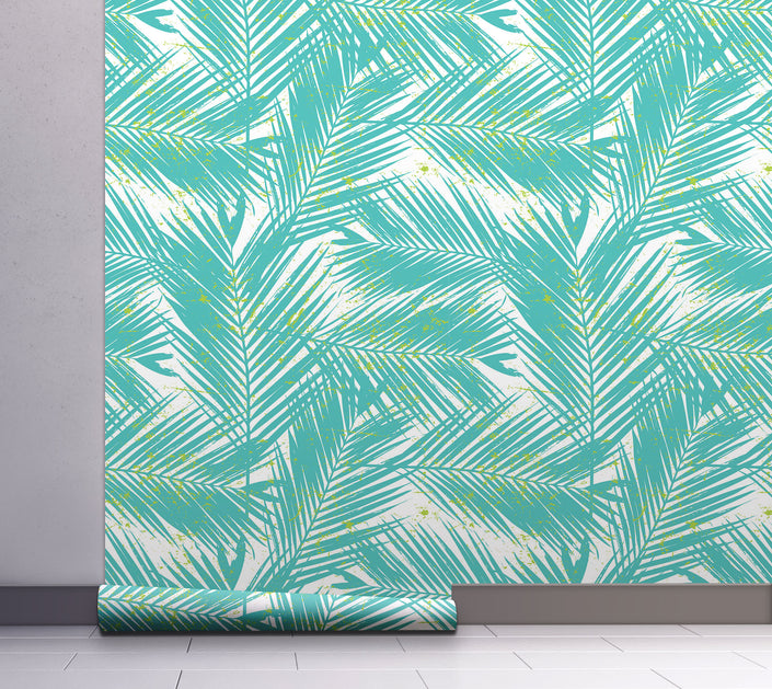 GW2121 Paint Spattered Palms Peel and Stick Wallpaper Roll 19 inch Wide x 18 ft. Long Aqua Green