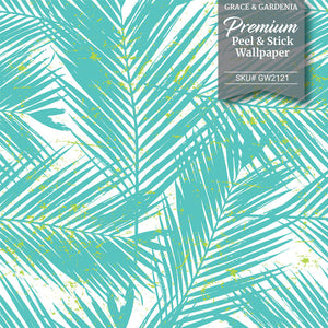 GW2121 Paint Spattered Palms Peel and Stick Wallpaper Roll 19 inch Wide x 18 ft. Long Aqua Green
