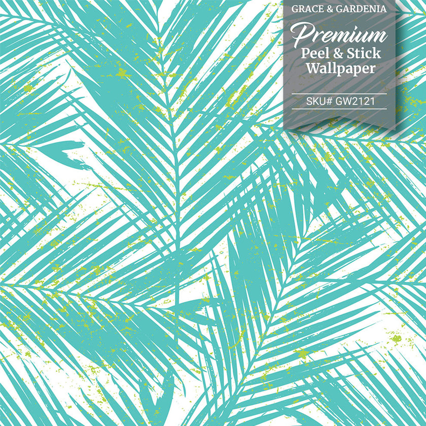 GW2121 Paint Spattered Palms Peel and Stick Wallpaper Roll 19 inch Wide x 18 ft. Long Aqua Green
