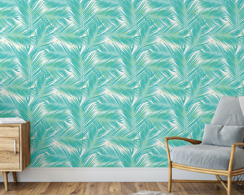 GW2121 Paint Spattered Palms Peel and Stick Wallpaper Roll 19 inch Wide x 18 ft. Long Aqua Green