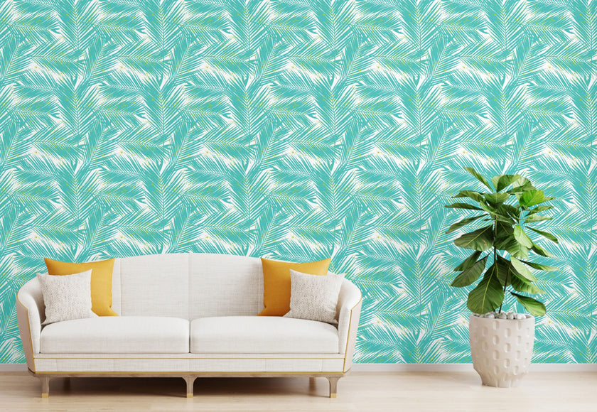 GW2121 Paint Spattered Palms Peel and Stick Wallpaper Roll 19 inch Wide x 18 ft. Long Aqua Green