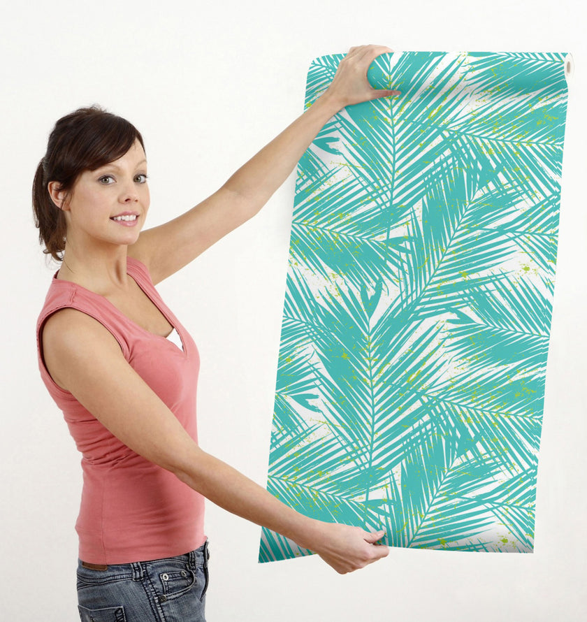 GW2121 Paint Spattered Palms Peel and Stick Wallpaper Roll 19 inch Wide x 18 ft. Long Aqua Green