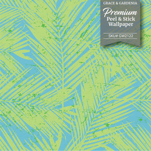 GW2122 Paint Spattered Palms Peel and Stick Wallpaper Roll 19 inch Wide x 18 ft. Long Green Blue