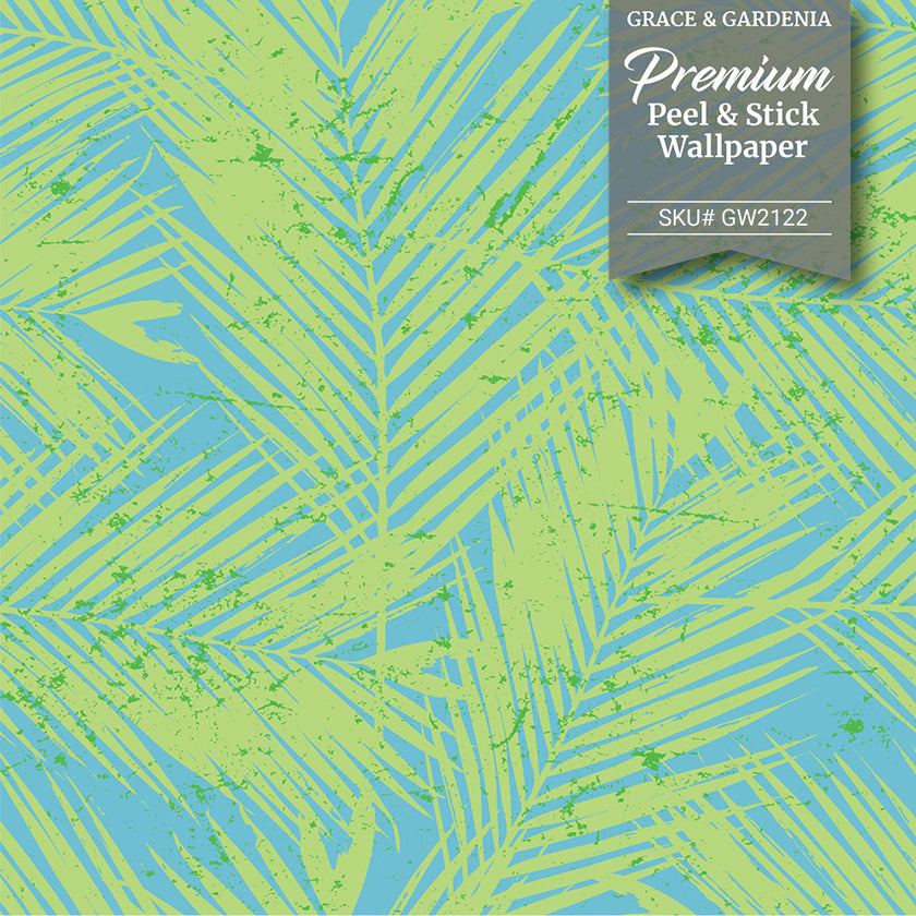 GW2122 Paint Spattered Palms Peel and Stick Wallpaper Roll 19 inch Wide x 18 ft. Long Green Blue