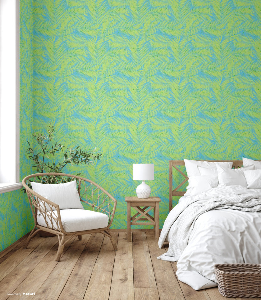 GW2122 Paint Spattered Palms Peel and Stick Wallpaper Roll 19 inch Wide x 18 ft. Long Green Blue