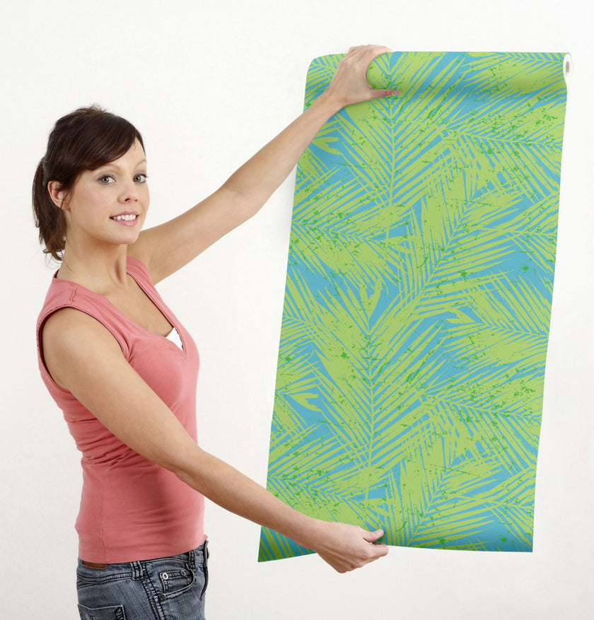 GW2122 Paint Spattered Palms Peel and Stick Wallpaper Roll 19 inch Wide x 18 ft. Long Green Blue