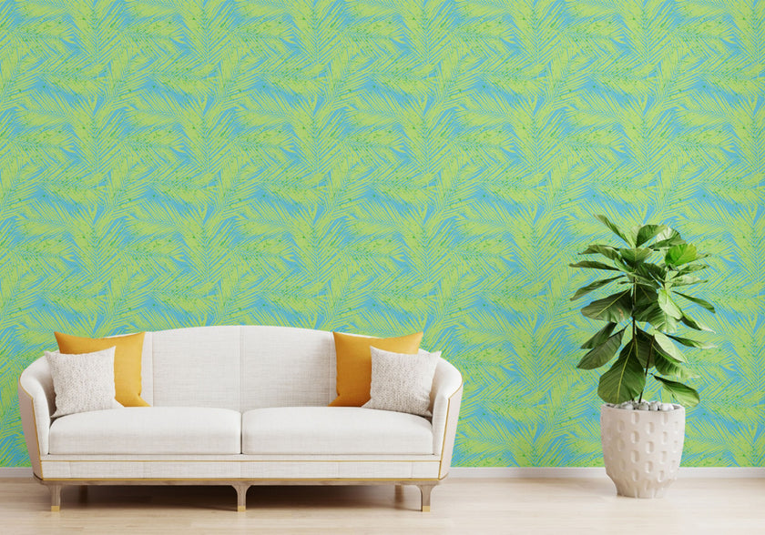 GW2122 Paint Spattered Palms Peel and Stick Wallpaper Roll 19 inch Wide x 18 ft. Long Green Blue