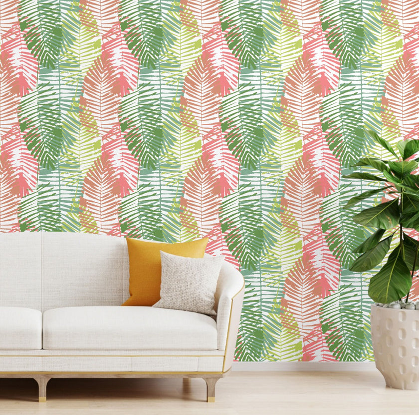 GW2161 Abstract Palms Peel and Stick Wallpaper Roll 19 inch Wide x 18 ft. Long Pink Green