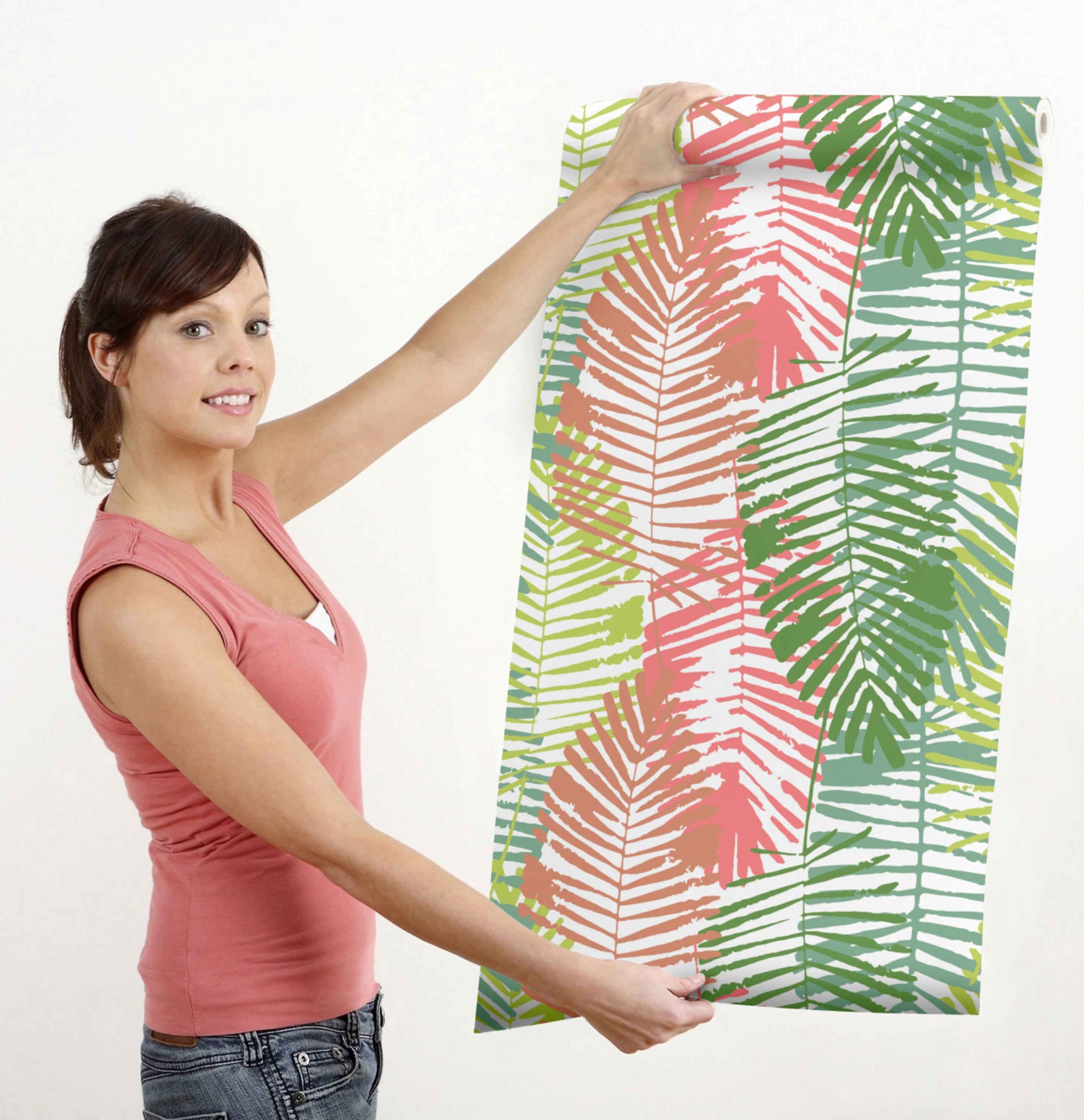 GW2161 Abstract Palms Peel and Stick Wallpaper Roll 20.5 inch Wide x 18 ft. Long, Pink/Green