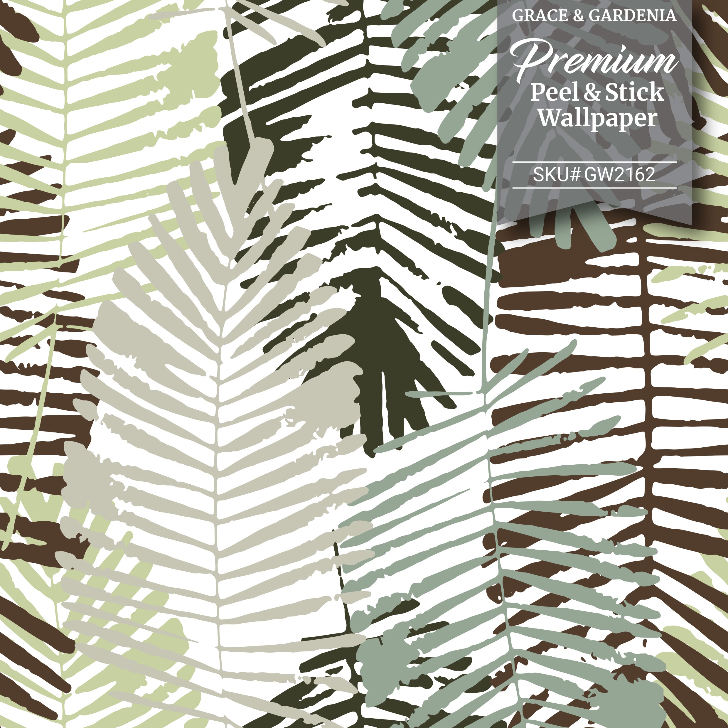 GW2162 Abstract Palms Peel and Stick Wallpaper Roll 20.5 inch Wide x 18 ft. Long, Gray/Black/Green