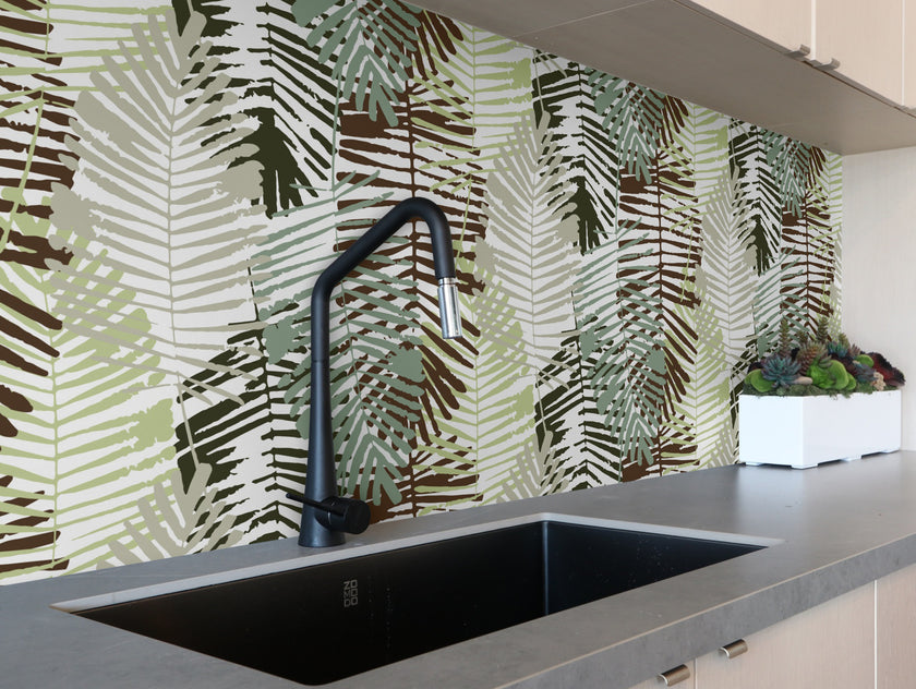 GW2162 Abstract Palms Peel and Stick Wallpaper Roll 19 inch Wide x 18 ft. Long Gray Black Green