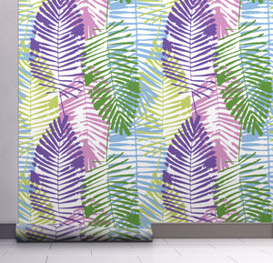 GW2163 Abstract Palms Peel and Stick Wallpaper Roll 19 inch Wide x 18 ft. Long Green Purple Blue