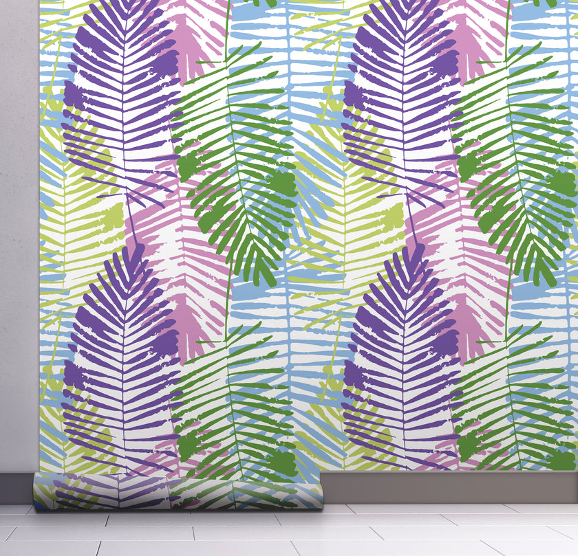 GW2163 Abstract Palms Peel and Stick Wallpaper Roll 19 inch Wide x 18 ft. Long Green Purple Blue