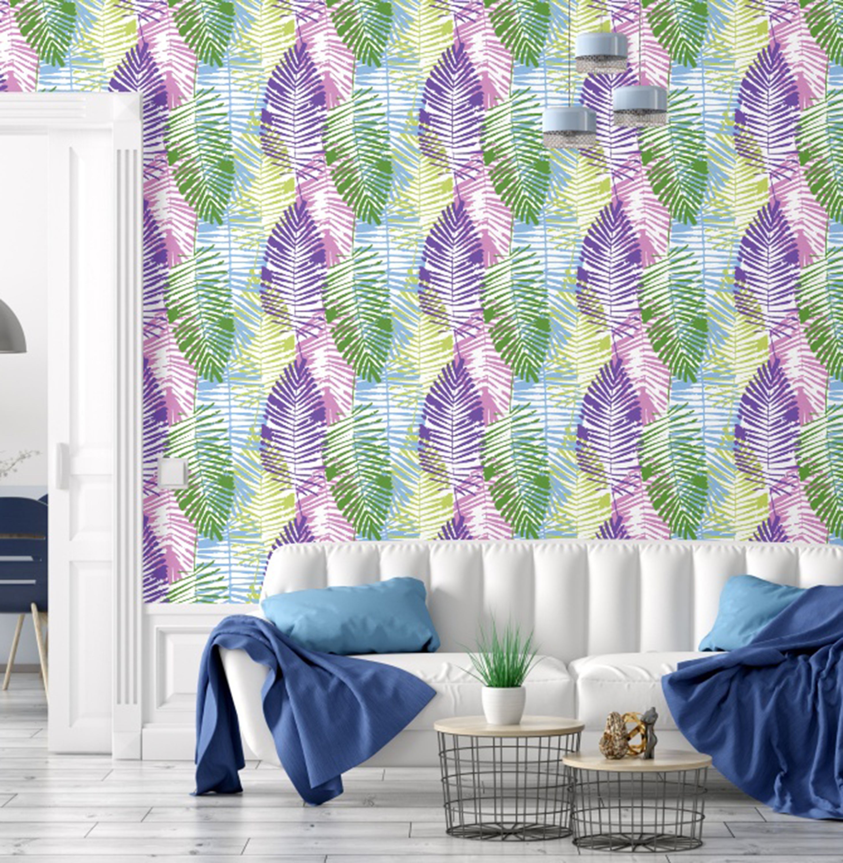 GW2163 Abstract Palms Peel and Stick Wallpaper Roll 20.5 inch Wide x 18 ft. Long, Green/Purple/Blue