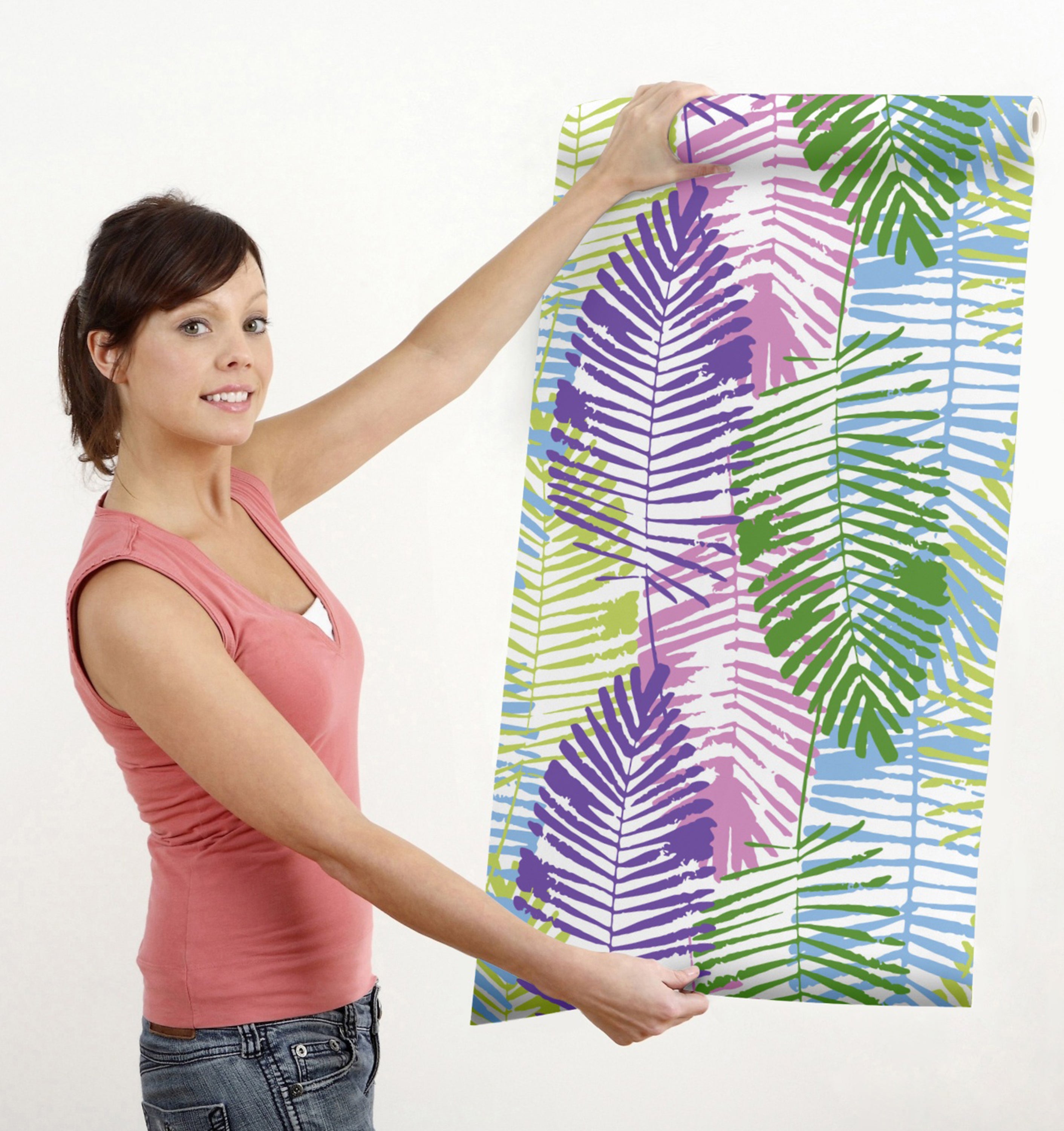 GW2163 Abstract Palms Peel and Stick Wallpaper Roll 20.5 inch Wide x 18 ft. Long, Green/Purple/Blue