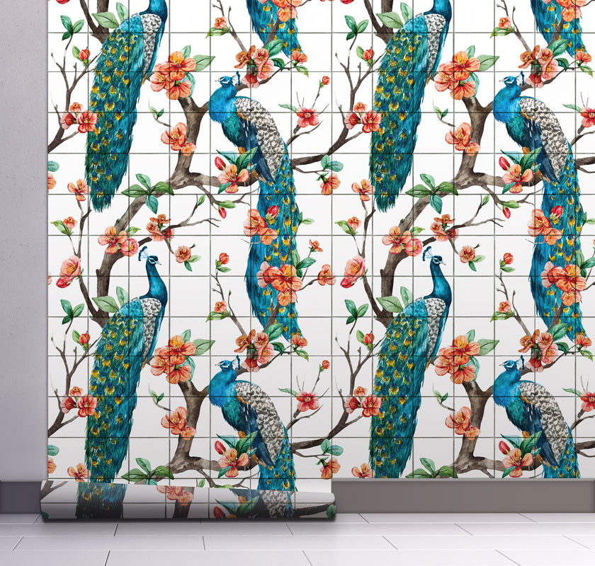 GW2165 Peacock with Grid Peel and Stick Wallpaper Roll 19 inch Wide x 18 ft. Long, Blue White Orange