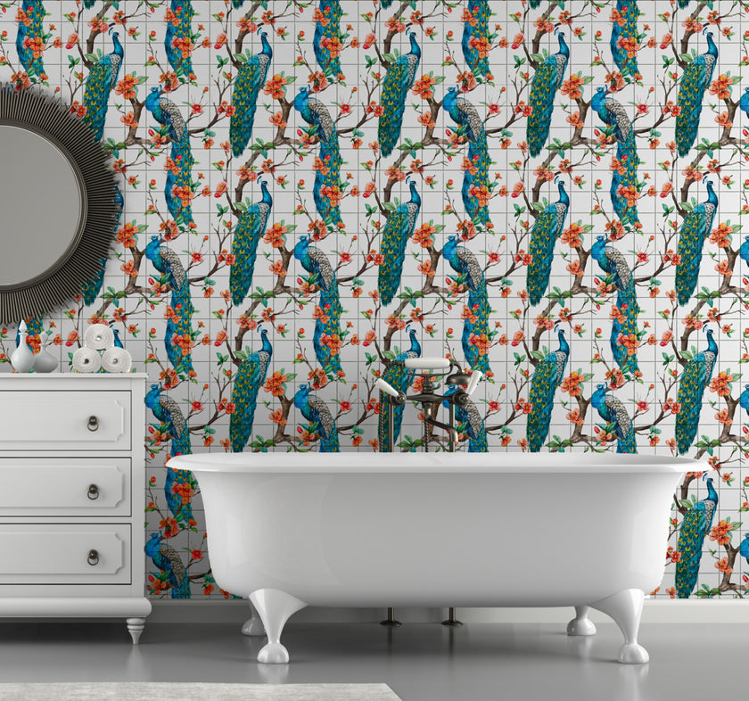 GW2165 Peacock with Grid Peel and Stick Wallpaper Roll 19 inch Wide x 18 ft. Long, Blue White Orange