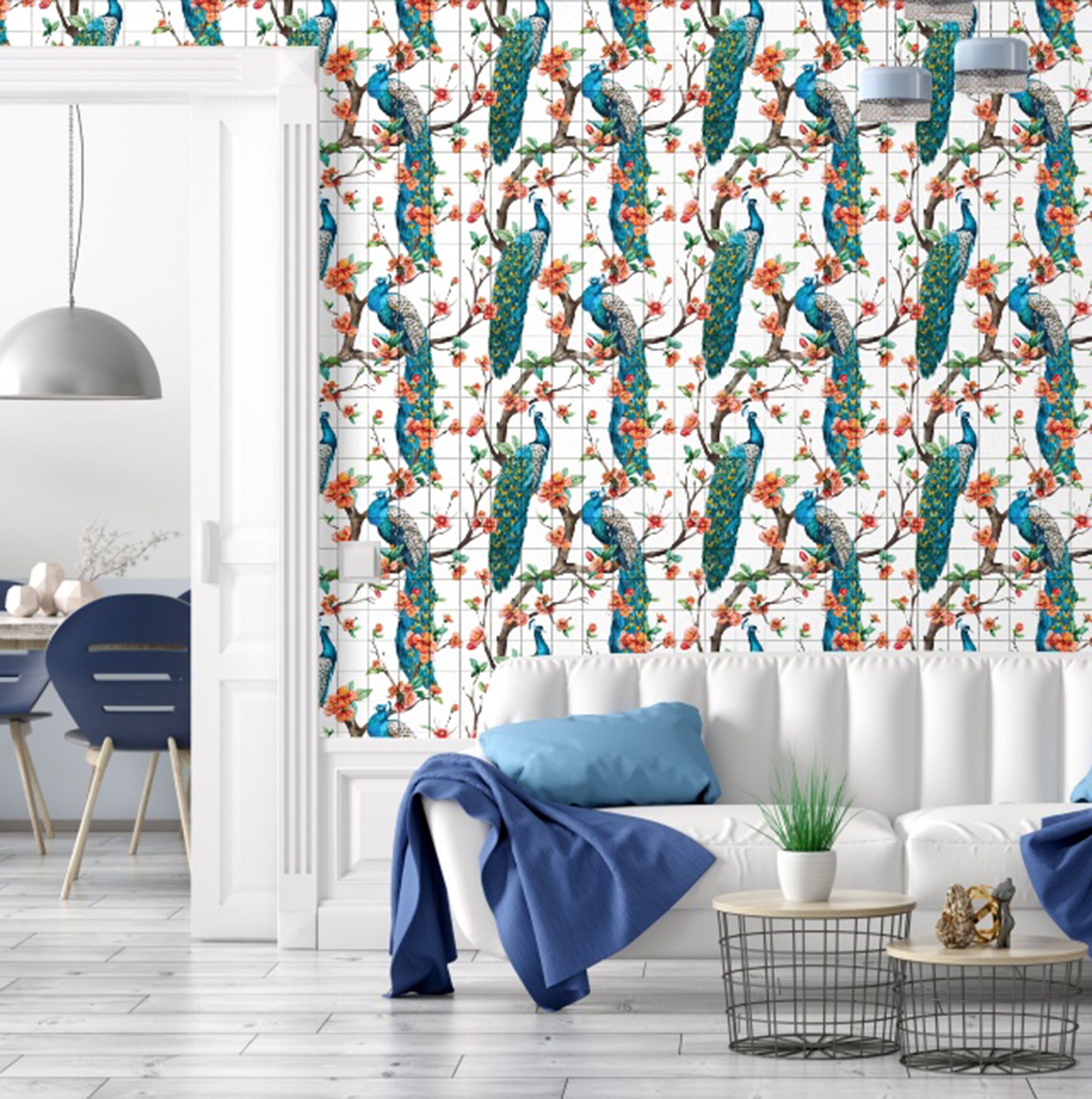 GW2165 Peacock with Grid Peel and Stick Wallpaper Roll 20.5 inch Wide x 18 ft. Long, Blue/White/Orange