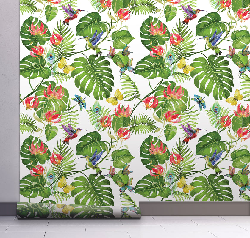 GW2171 Tropical Gloriosa Lilies Peel and Stick Wallpaper Roll 19 inch Wide x 18 ft. Long Green Pink Yellow