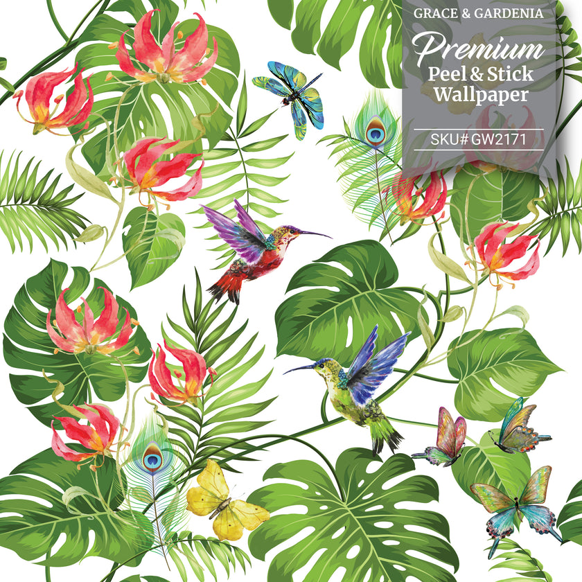 GW2171 Tropical Gloriosa Lilies Peel and Stick Wallpaper Roll 19 inch Wide x 18 ft. Long Green Pink Yellow