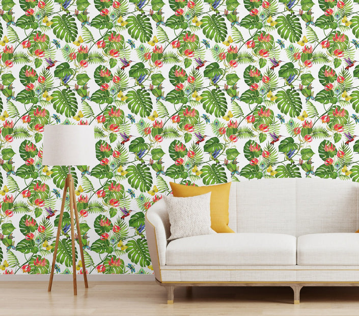 GW2171 Tropical Gloriosa Lilies Peel and Stick Wallpaper Roll 19 inch Wide x 18 ft. Long Green Pink Yellow