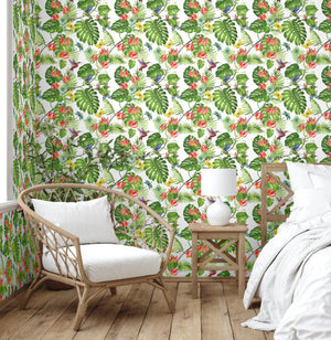 GW2171 Tropical Gloriosa Lilies Peel and Stick Wallpaper Roll 20.5 inch Wide x 18 ft. Long, Green Pink Yellow