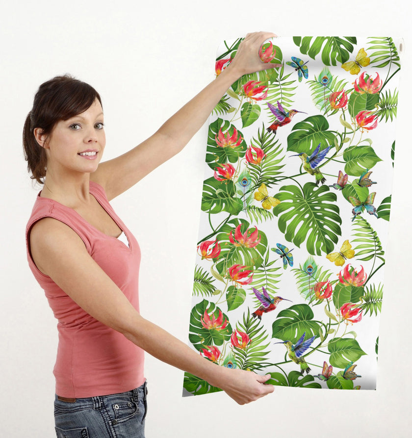 GW2171 Tropical Gloriosa Lilies Peel and Stick Wallpaper Roll 19 inch Wide x 18 ft. Long Green Pink Yellow