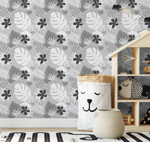 GW2182 Grace & Gardenia Black and White Tropical Foliage Peel and Stick Wallpaper Roll 20.5 inch Wide x 18 ft. Long, Black Gray