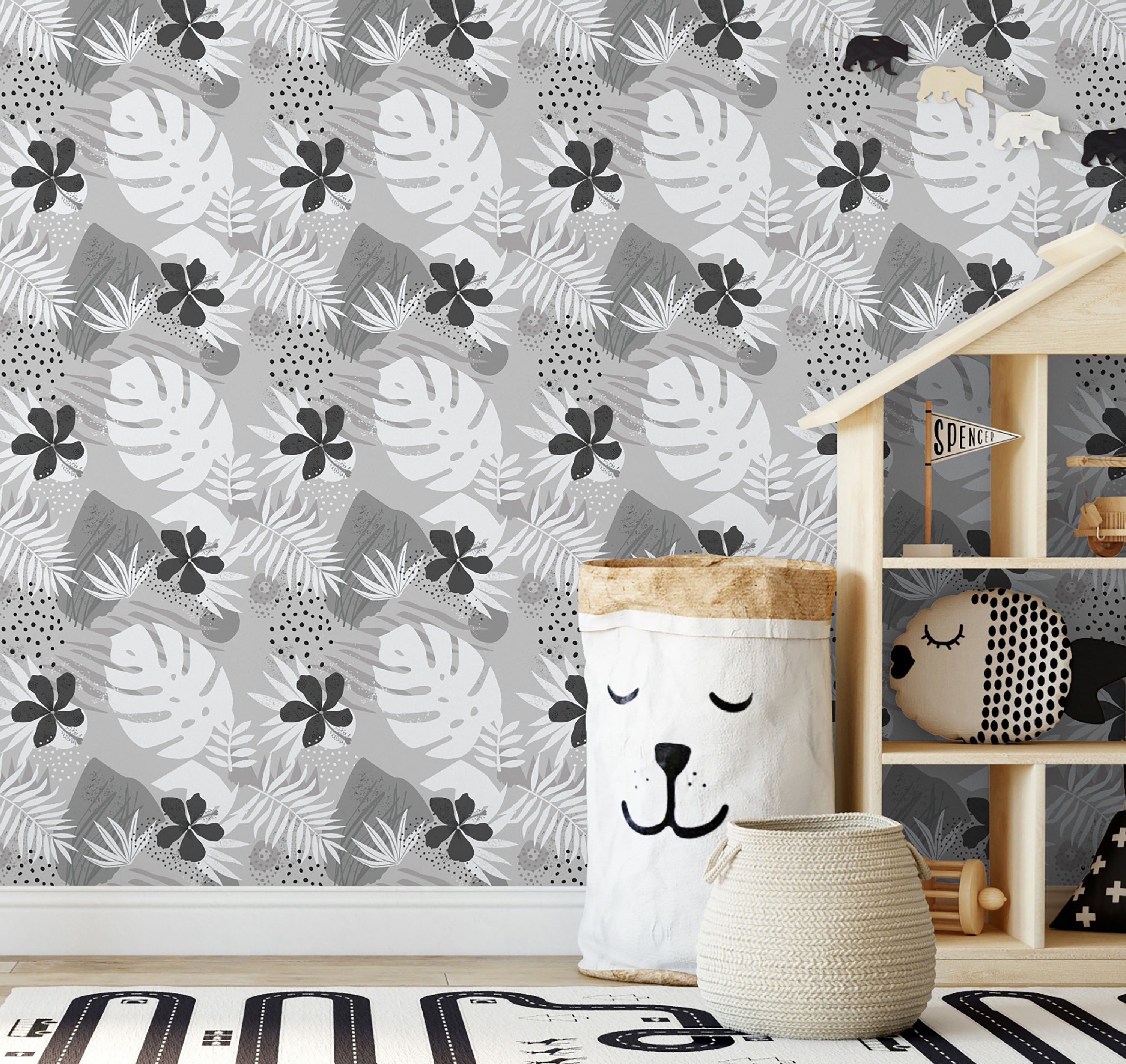 GW2182 Grace & Gardenia Black and White Tropical Foliage Peel and Stick Wallpaper Roll 20.5 inch Wide x 18 ft. Long, Black Gray