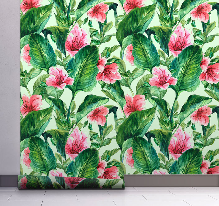 GW2191 Hand Painted Tropical Peel and Stick Wallpaper Roll 19 inch Wide x 18 ft. Long Green Pink