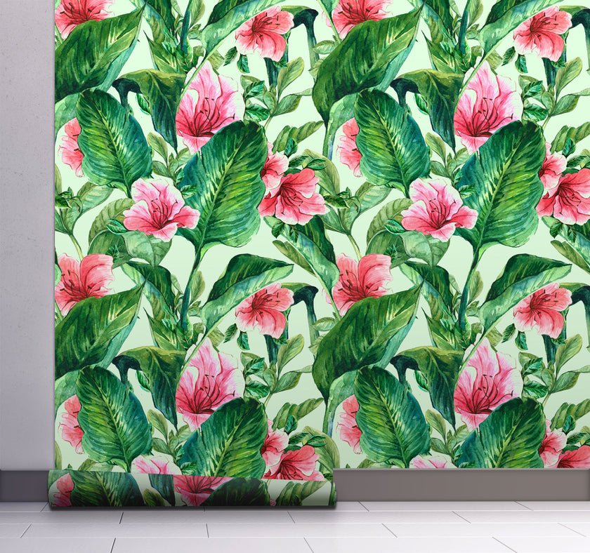 GW2191 Hand Painted Tropical Peel and Stick Wallpaper Roll 19 inch Wide x 18 ft. Long Green Pink