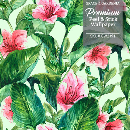 GW2191 Hand Painted Tropical Peel and Stick Wallpaper Roll 19 inch Wide x 18 ft. Long Green Pink