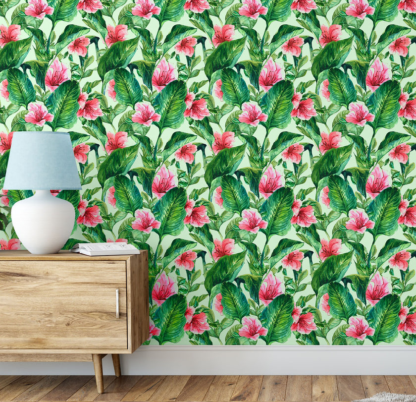 GW2191 Hand Painted Tropical Peel and Stick Wallpaper Roll 19 inch Wide x 18 ft. Long Green Pink