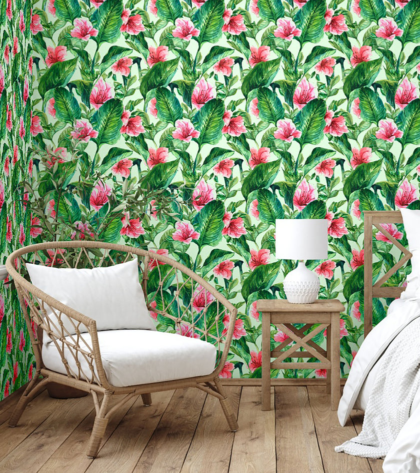 GW2191 Hand Painted Tropical Peel and Stick Wallpaper Roll 19 inch Wide x 18 ft. Long Green Pink