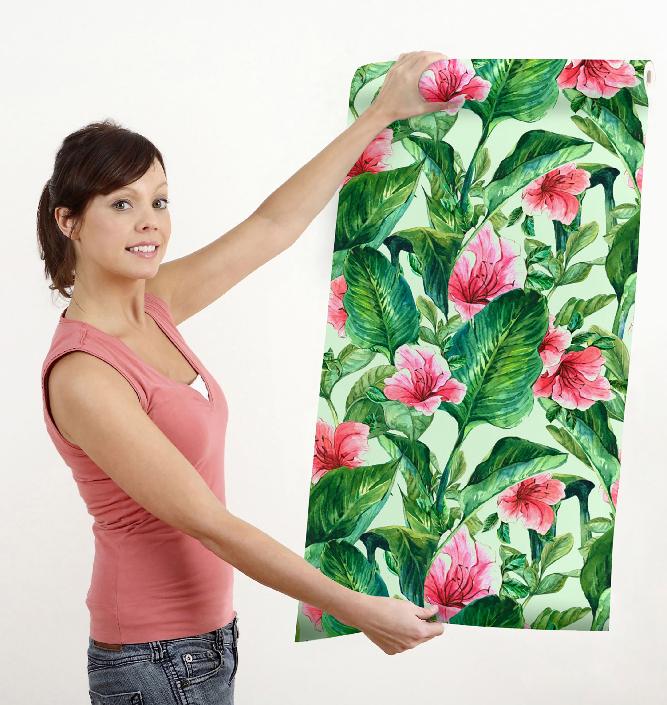 GW2191 Grace & Gardenia Hand Painted Tropical Peel and Stick Wallpaper Roll 20.5 inch Wide x 18 ft. Long, Green Pink