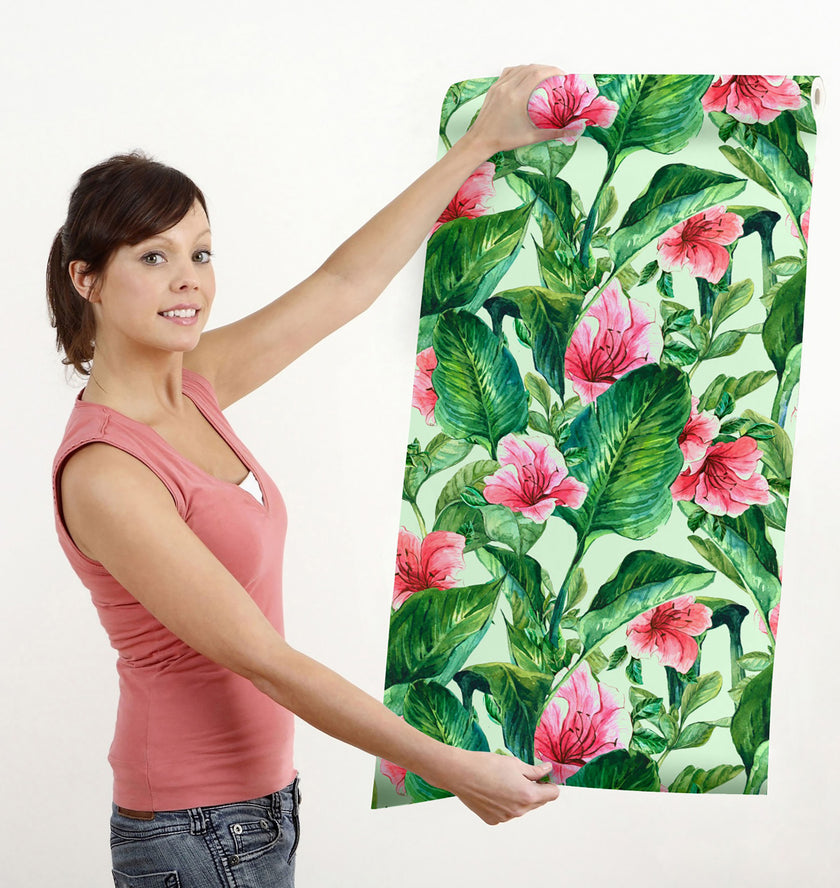 GW2191 Hand Painted Tropical Peel and Stick Wallpaper Roll 19 inch Wide x 18 ft. Long Green Pink
