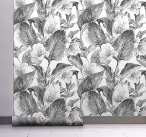 GW2192 Hand Painted Tropical Peel & Stick Wallpaper Roll size 19 inch Wide x 18ft. Long Gray White
