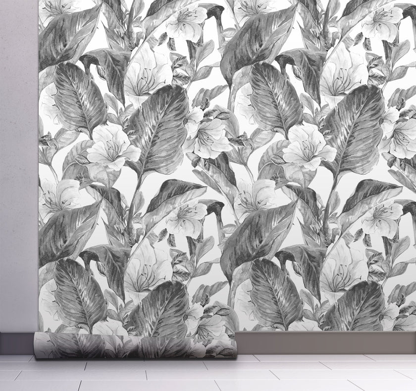 GW2192 Hand Painted Tropical Peel & Stick Wallpaper Roll size 19 inch Wide x 18ft. Long Gray White