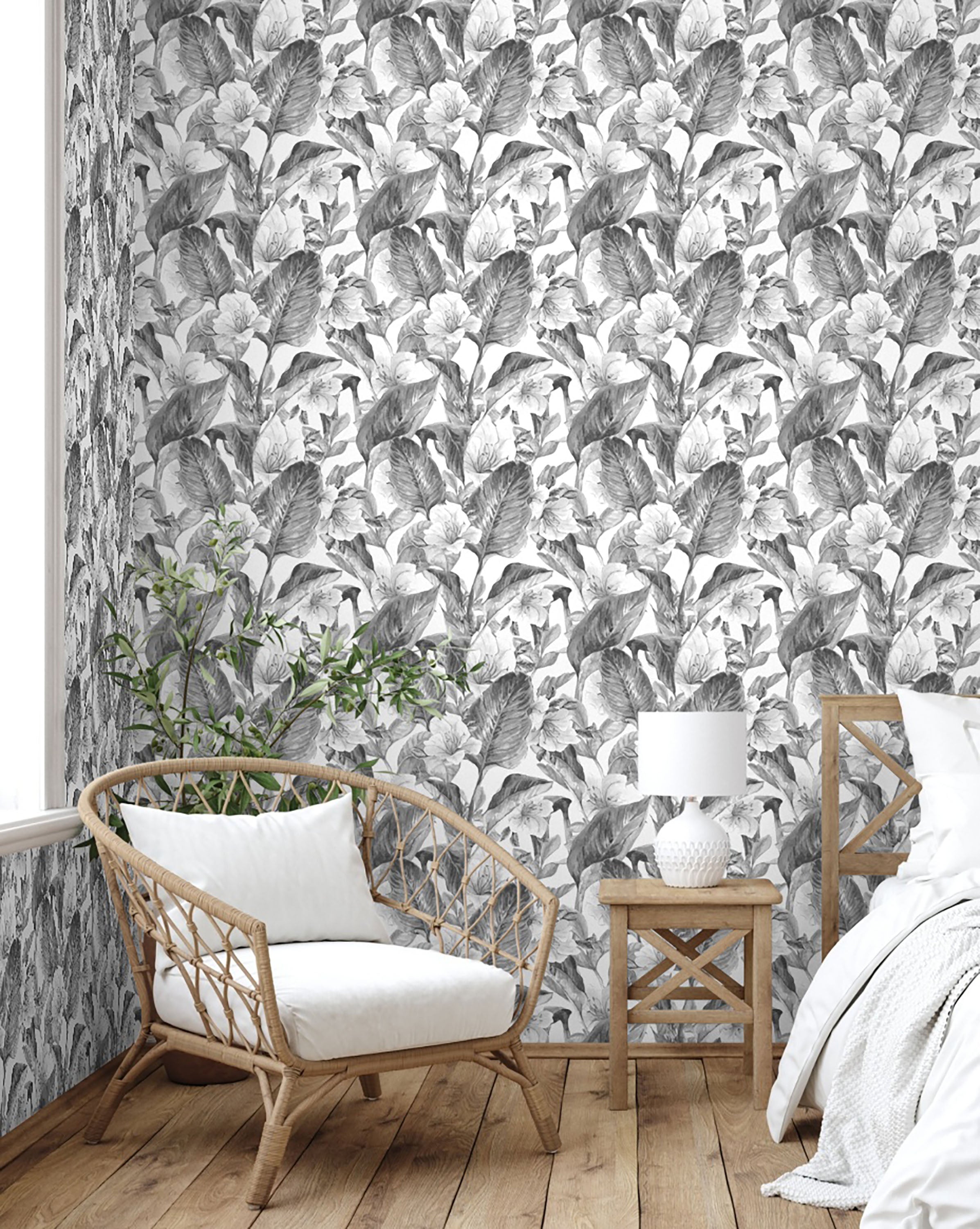 GW2192  Gray Tones Hand Painted Tropical Peel & Stick Wallpaper Roll 20.5 inch W x 18 ft. L,