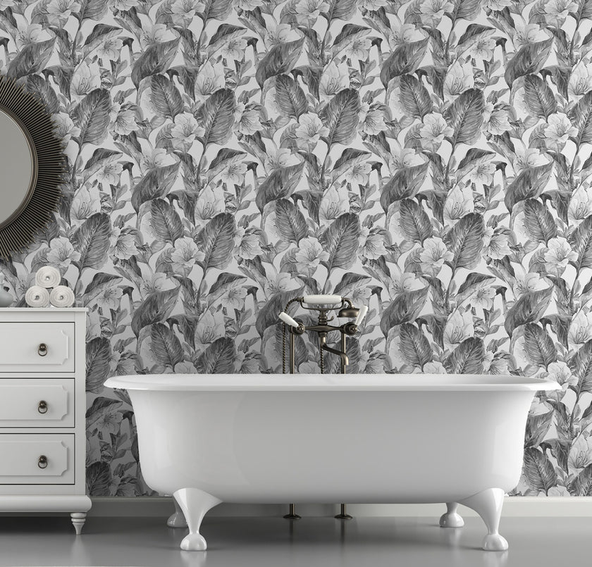 GW2192 Hand Painted Tropical Peel & Stick Wallpaper Roll size 19 inch Wide x 18ft. Long Gray White