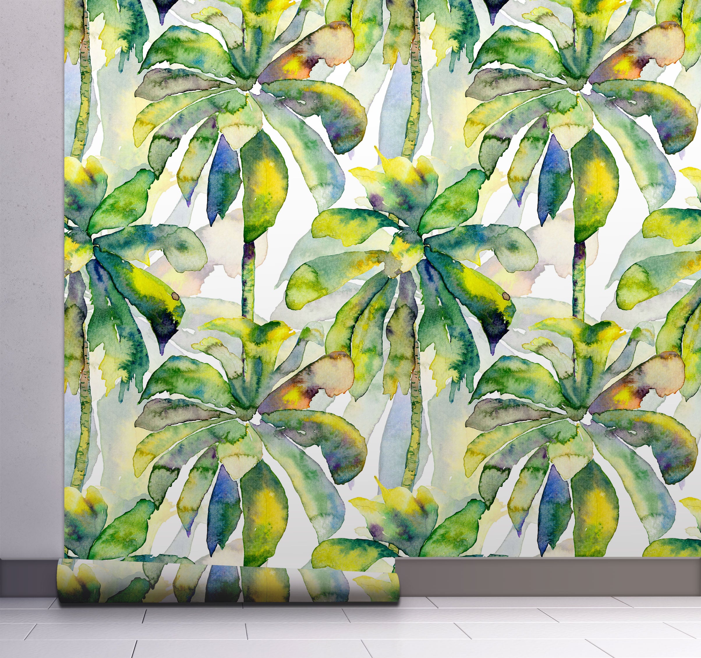 GW2201 Grace & Gardenia Watercolor Palms Peel and Stick Wallpaper Roll 20.5 inch Wide x 18 ft. Long, Green Yellow Blue